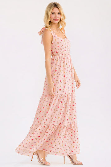 Blush Floral Tiered Shoulder Tie Maxi Dress