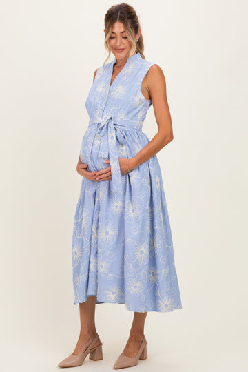Light Blue Embroidered Sleeveless Maternity Midi Shirt Dress