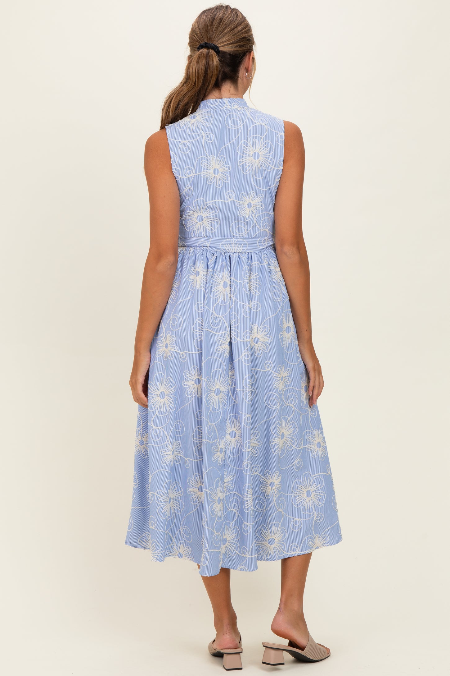 Light Blue Embroidered Sleeveless Midi Shirt Dress