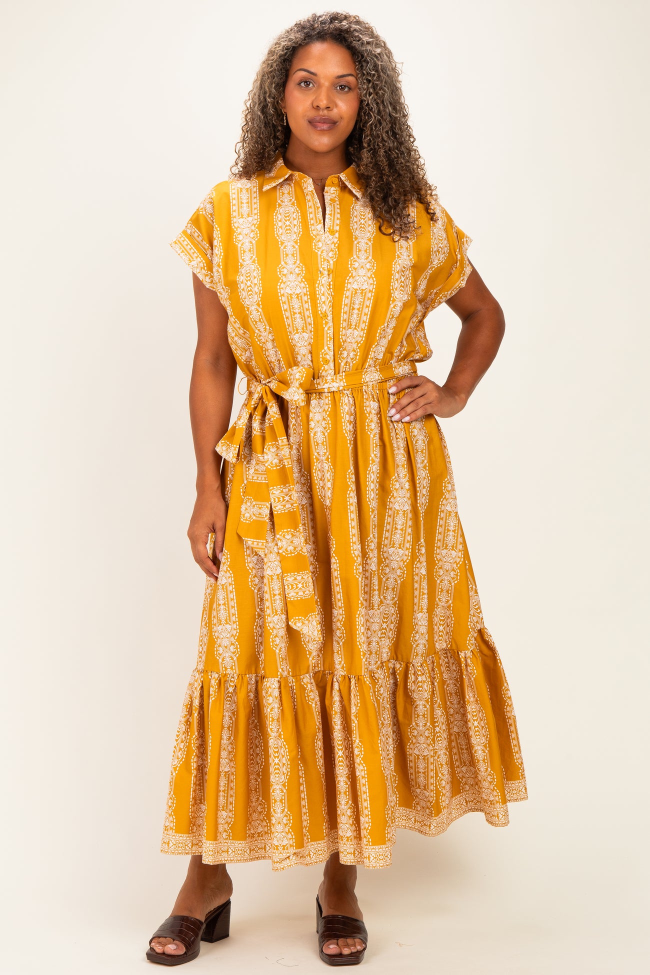 Mustard Damask Print Plus Midi Shirt Dress