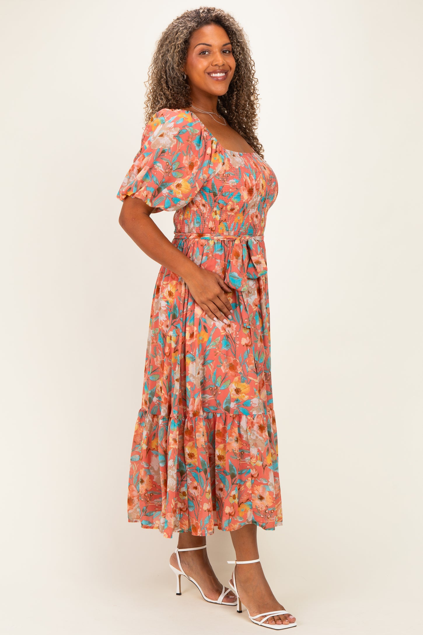 Pink Floral Smocked Puffed Sleeve Plus Midi Dress