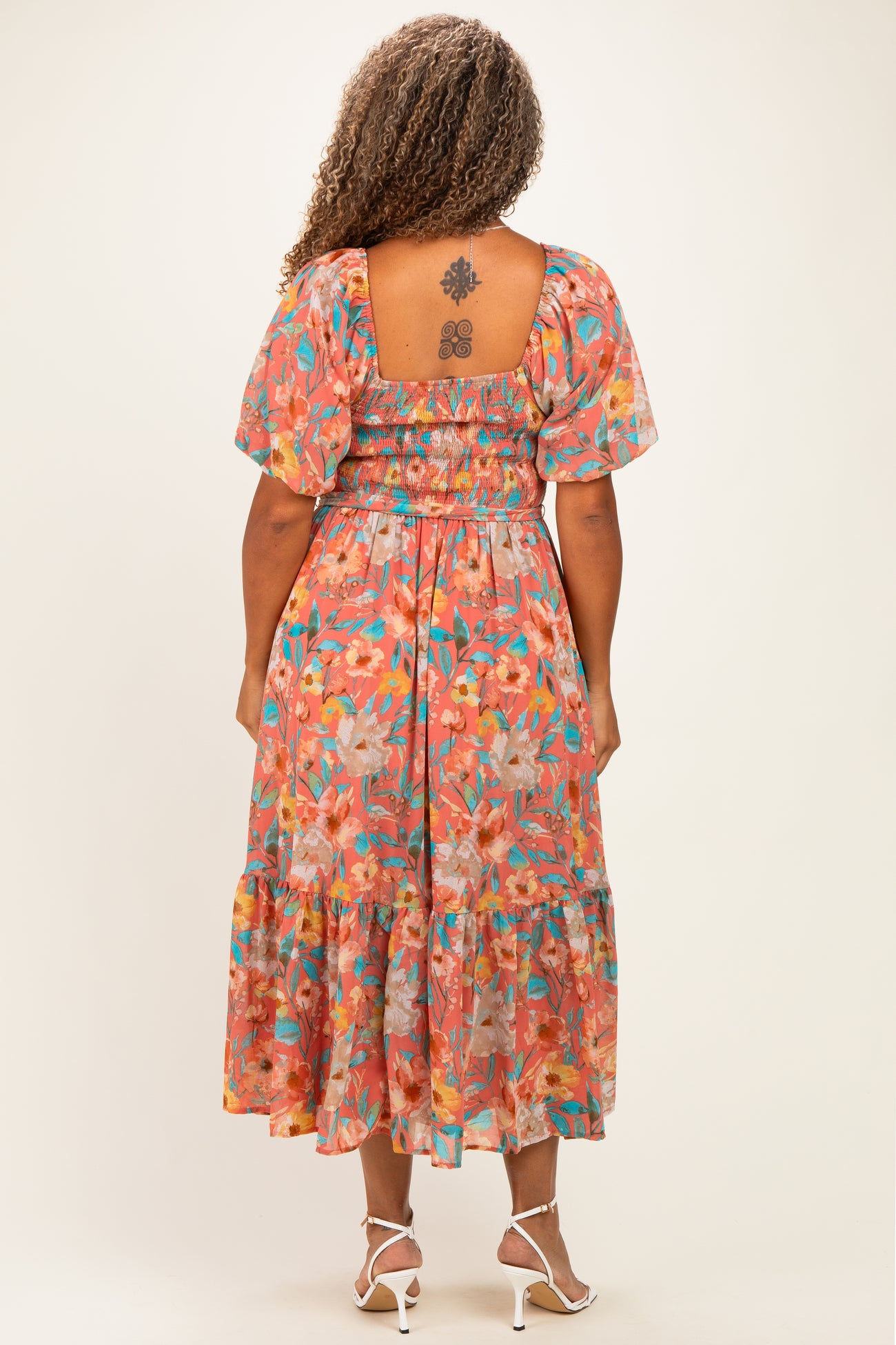 Pink Floral Smocked Puffed Sleeve Plus Midi Dress
