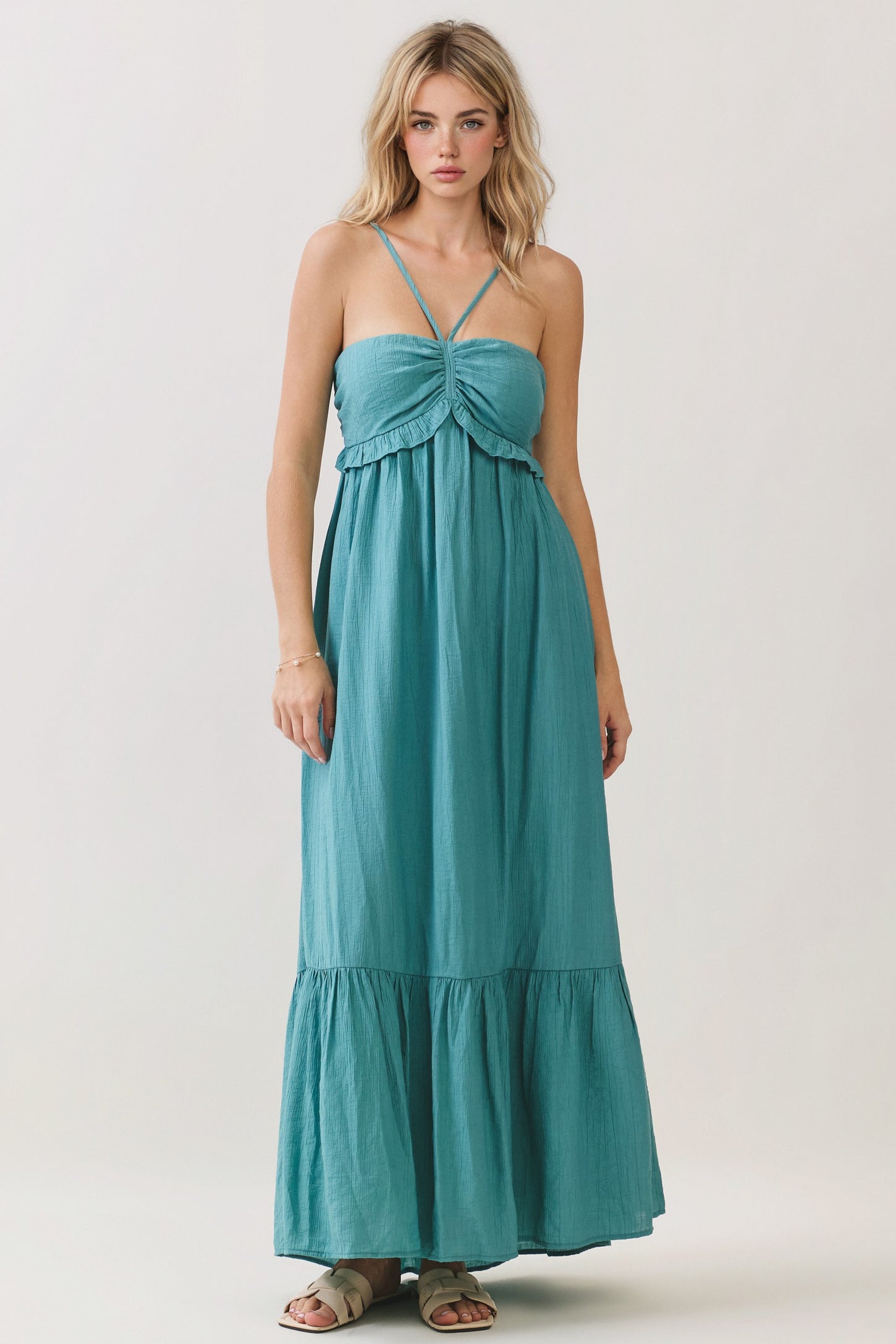 Aqua Teal Halter Neck Tiered Cutout Maternity Maxi Dress
