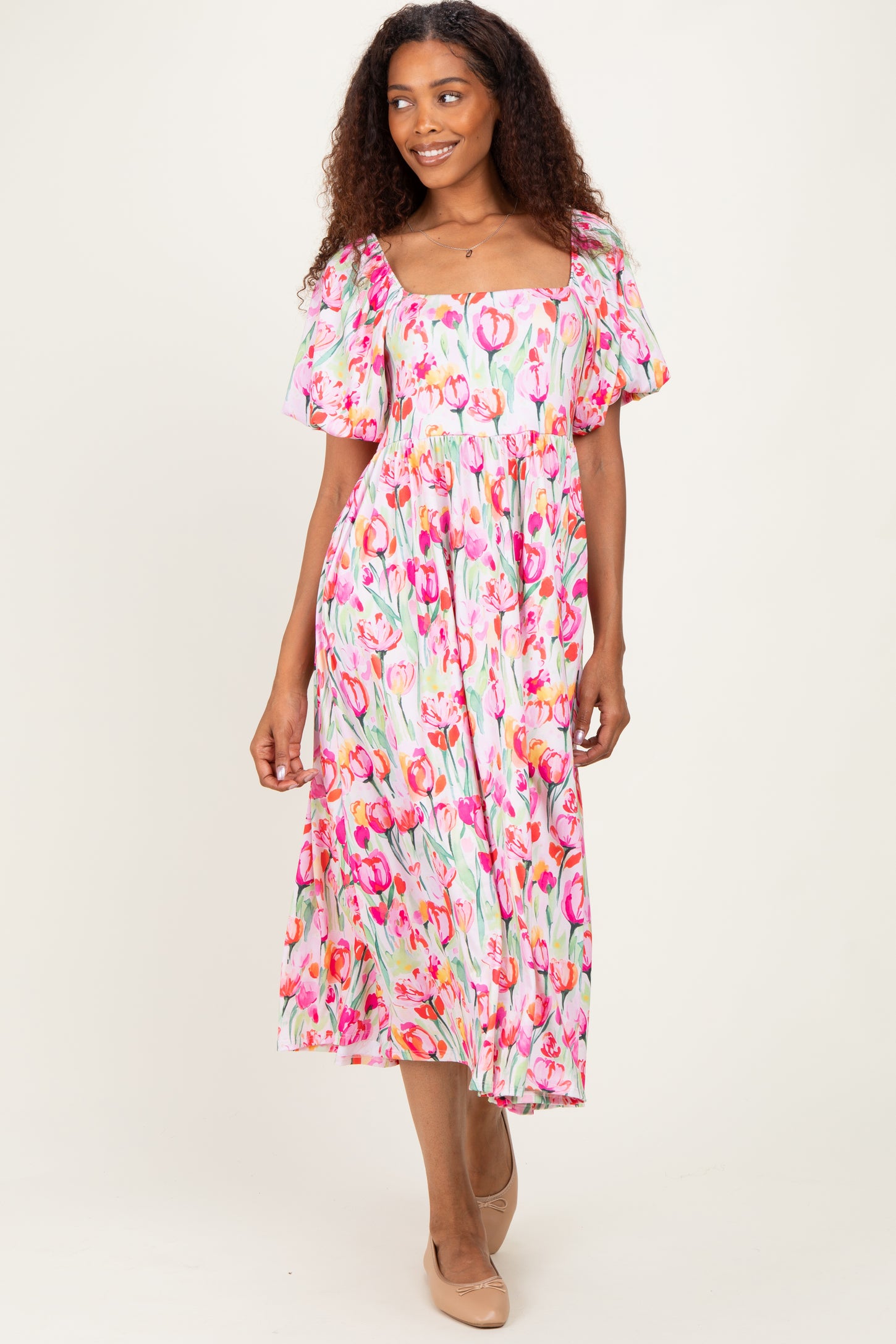 Pink Floral Square Neck Babydoll Maternity Maxi Dress