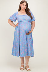 Light Blue Floral Bubble Short Sleeve Babydoll Plus Maternity Dress