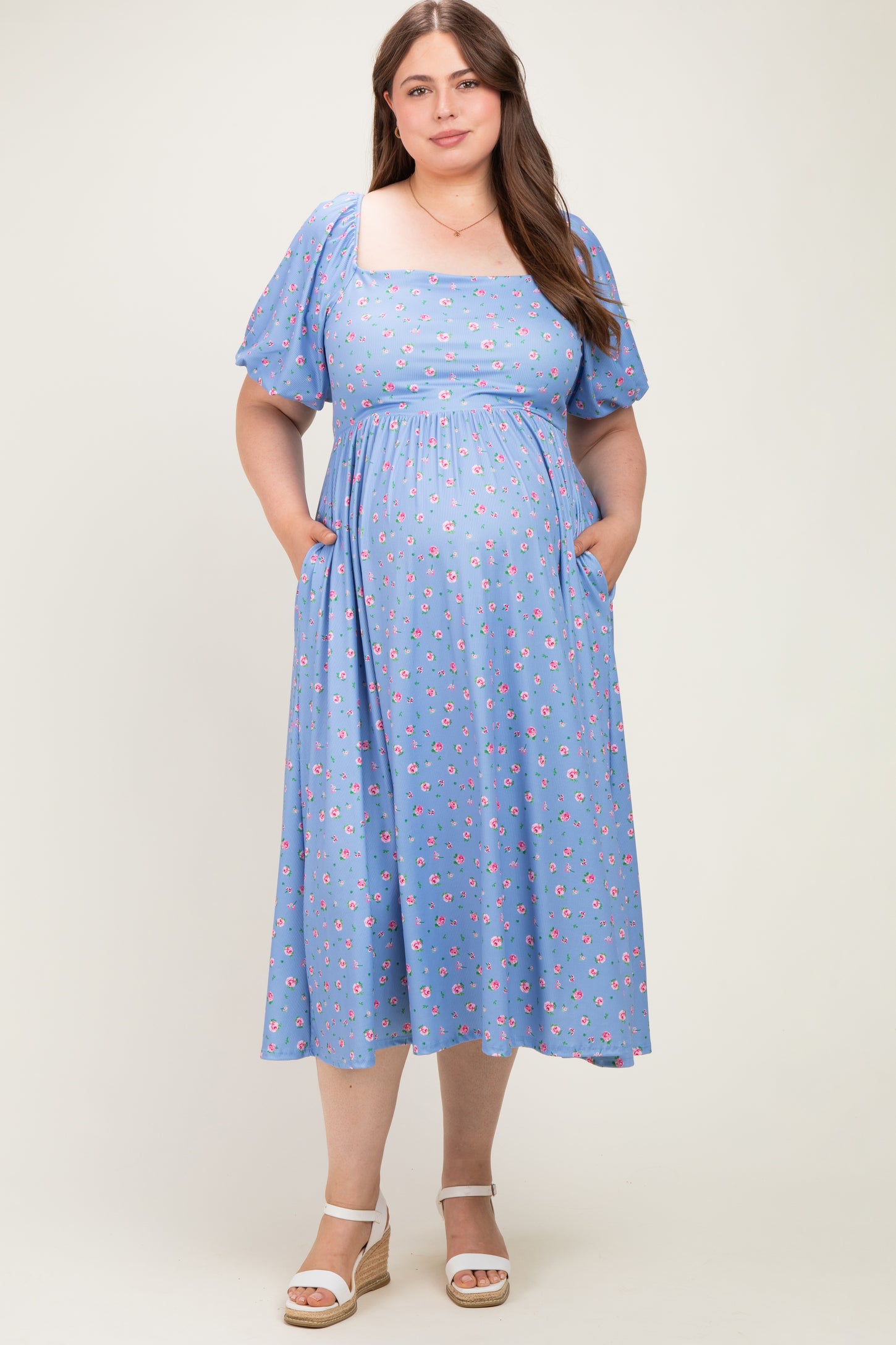 Light Blue Floral Bubble Short Sleeve Babydoll Plus Maternity Dress