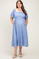 Light Blue Floral Bubble Short Sleeve Babydoll Plus Maternity Dress