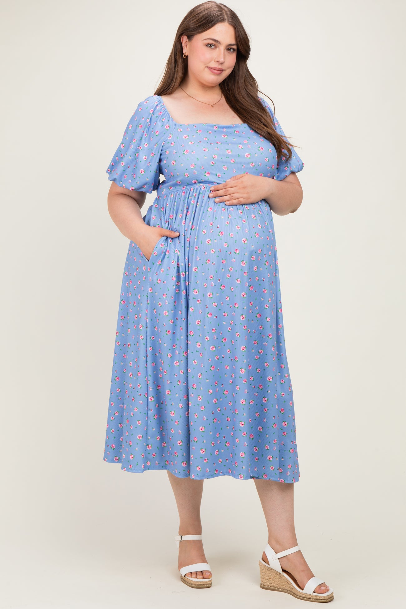 Light Blue Floral Bubble Short Sleeve Babydoll Plus Maternity Dress