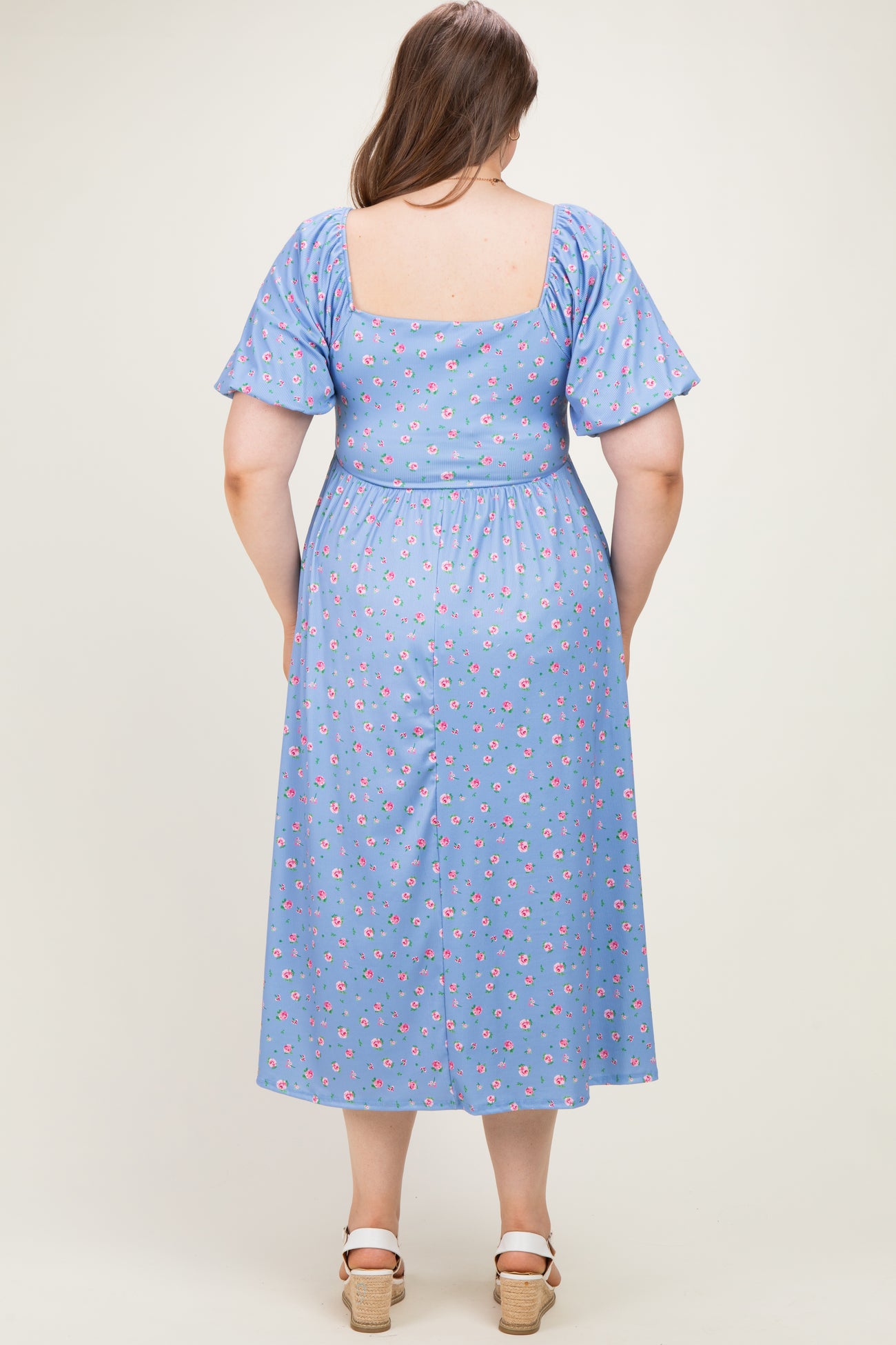 Light Blue Floral Bubble Short Sleeve Babydoll Plus Maternity Dress