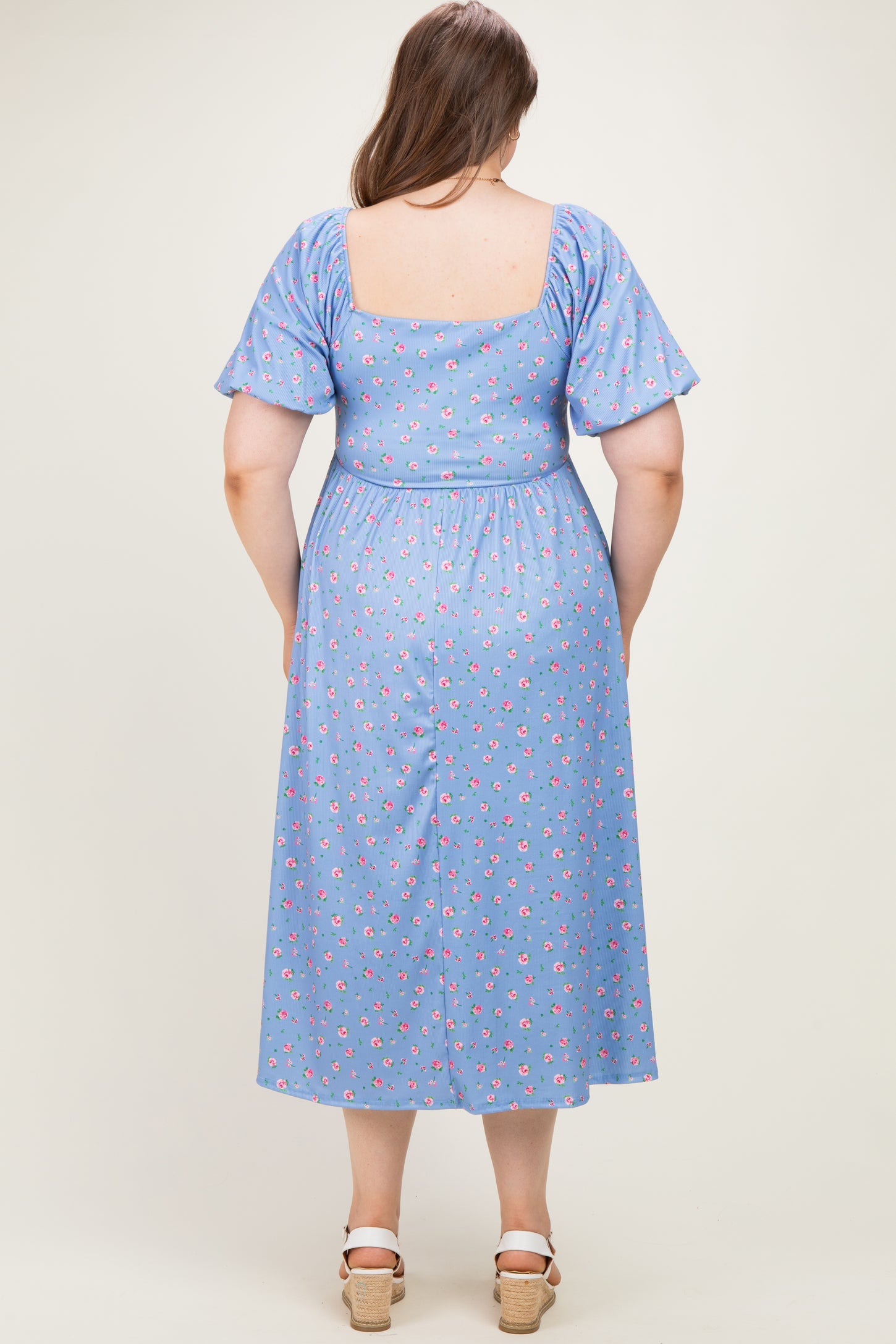 Light Blue Floral Bubble Short Sleeve Babydoll Plus Maternity Dress