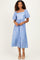 woman wearing a light blue floral midi dress with short puff sleeves and a square neckline