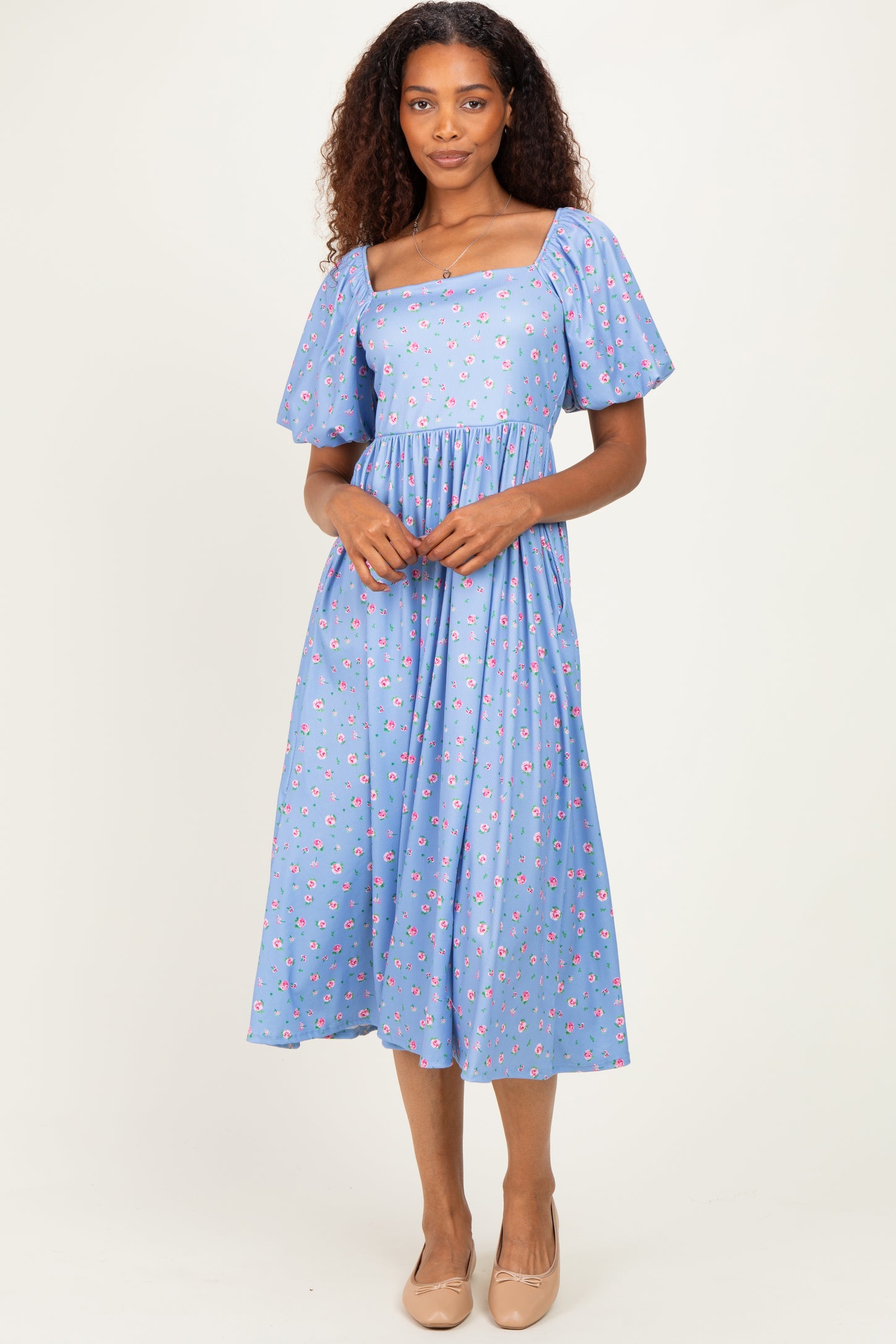 Light Blue Floral Bubble Short Sleeve Babydoll Maternity Dress