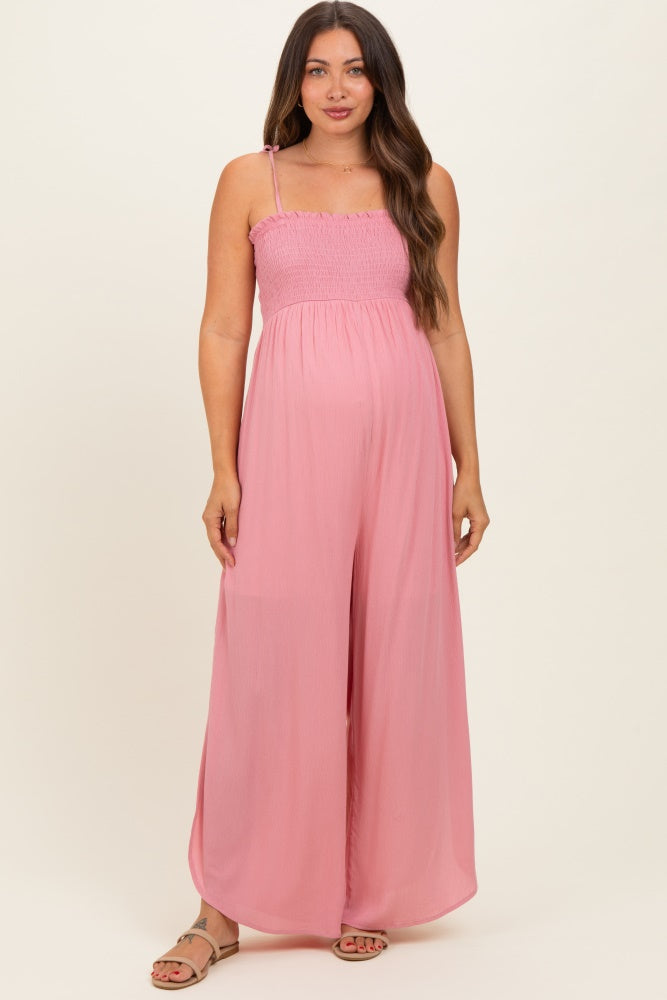 Mauve Smocked Wide Leg Adjustable Strap Maternity Jumpsuit