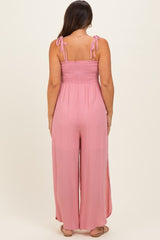Mauve Smocked Wide Leg Adjustable Strap Maternity Jumpsuit