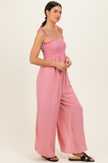 Mauve Smocked Wide Leg Adjustable Strap Jumpsuit