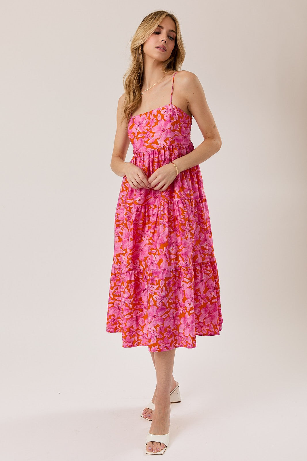 Fuchsia Floral Sleeveless Tiered Maternity Midi Dress