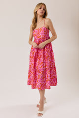 Fuchsia Floral Sleeveless Tiered Maternity Midi Dress