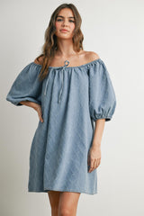 Light Blue Chambray Jacquard Puff Sleeve Maternity Mini Dress