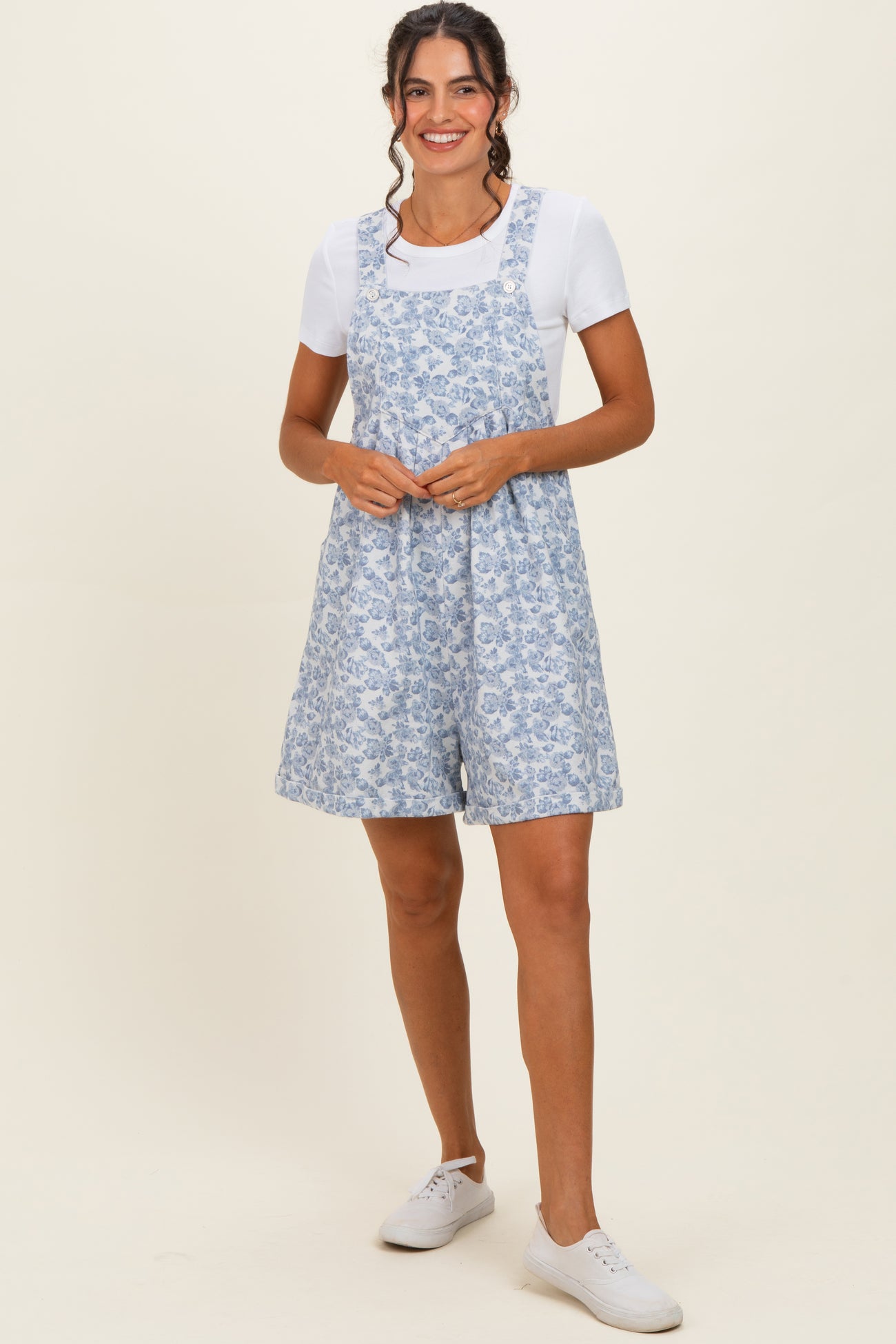 Denim Blue Floral Maternity Short Overalls