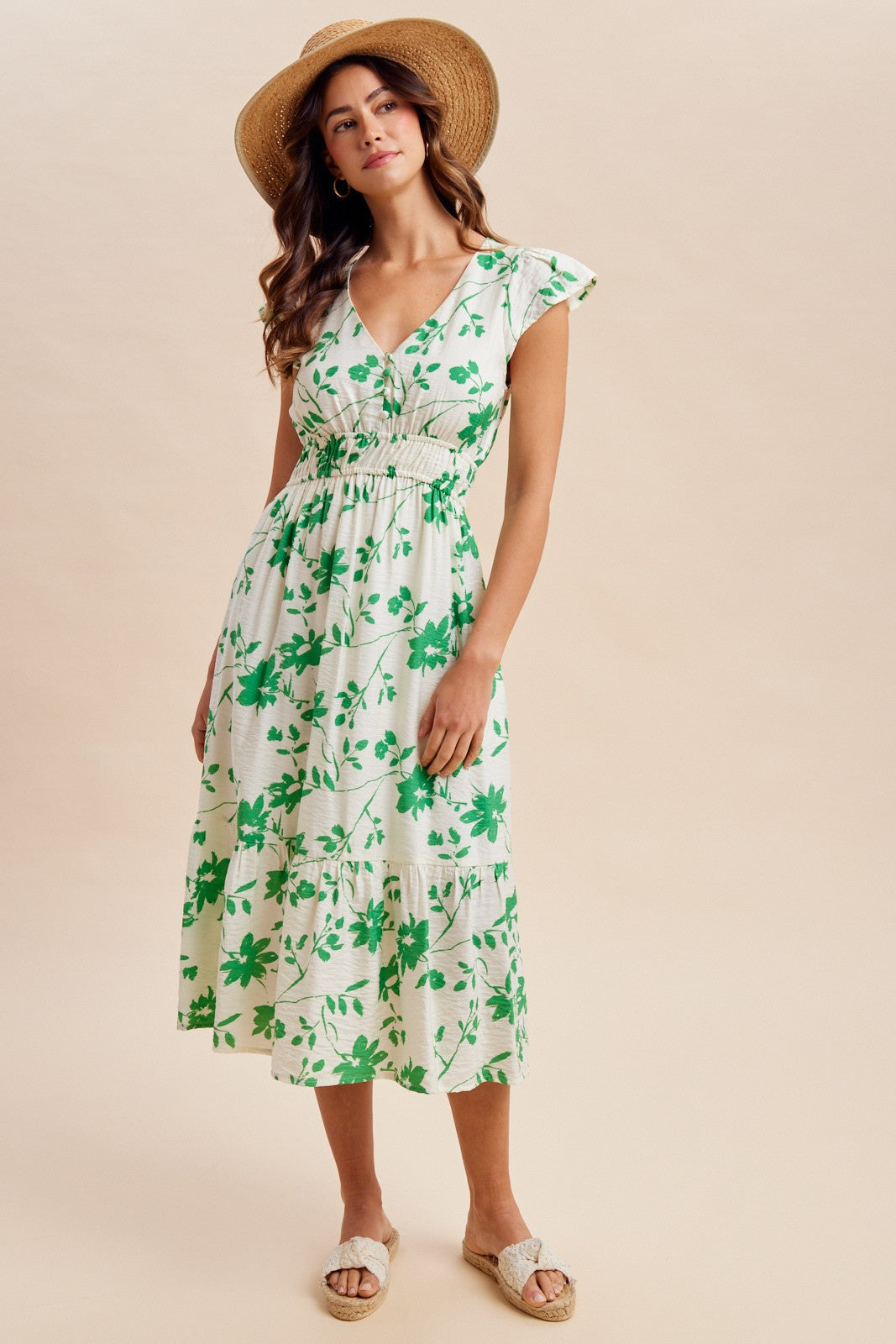Green Floral Button Detail Maternity Midi Dress