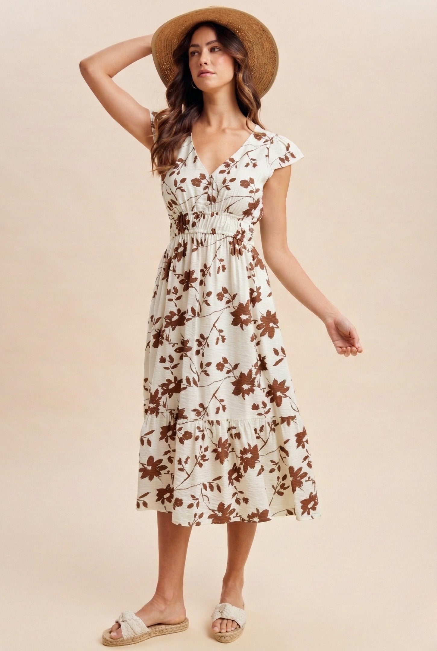 Brown Floral Button Detail Maternity Midi Dress