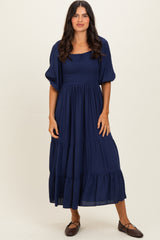 Navy Smocked Puffed Sleeve Maxi Dress