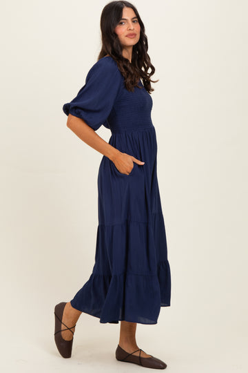 Navy Smocked Puffed Sleeve Maxi Dress