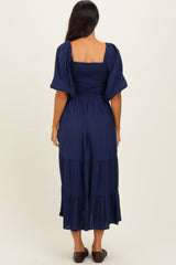 Navy Smocked Puffed Sleeve Maxi Dress
