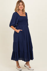 Navy Smocked Puffed Sleeve Maternity Maxi Dress