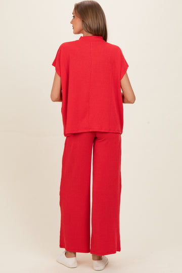 Red Textured Rib Mock Neck Short Sleeve Pant Maternity Set