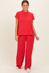 Red Textured Rib Mock Neck Short Sleeve Pant Maternity Set