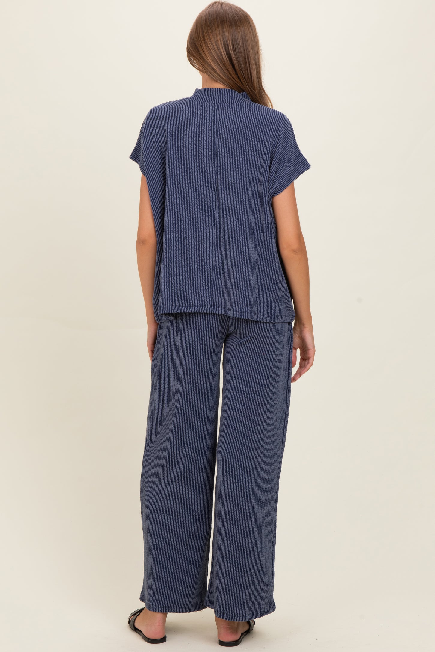 Navy Textured Rib Mock Neck Short Sleeve Pant Maternity Set