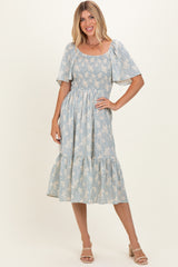Light Blue Floral Smocked Maternity Midi Dress