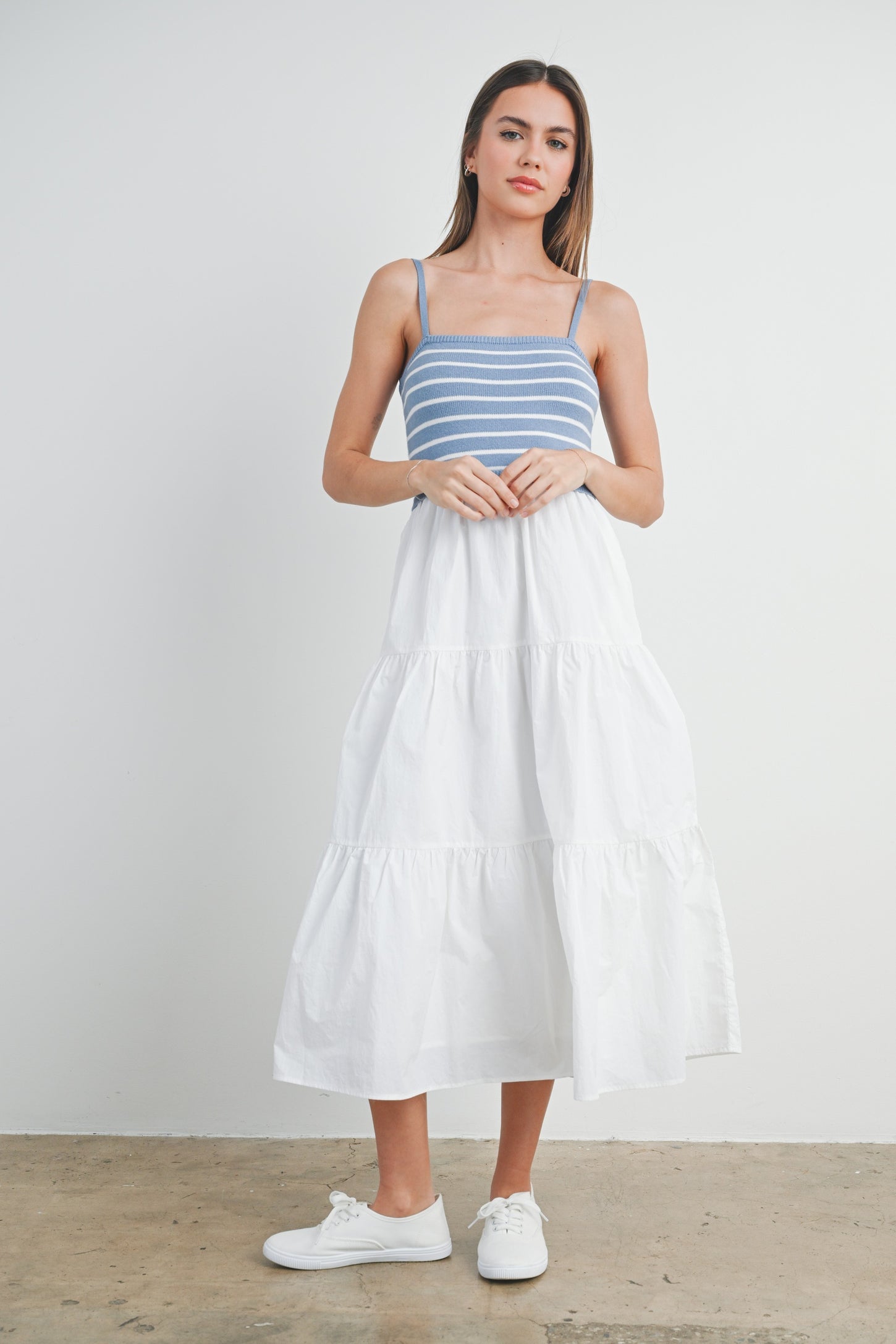 Blue Striped Knit Top Tiered Midi Dress