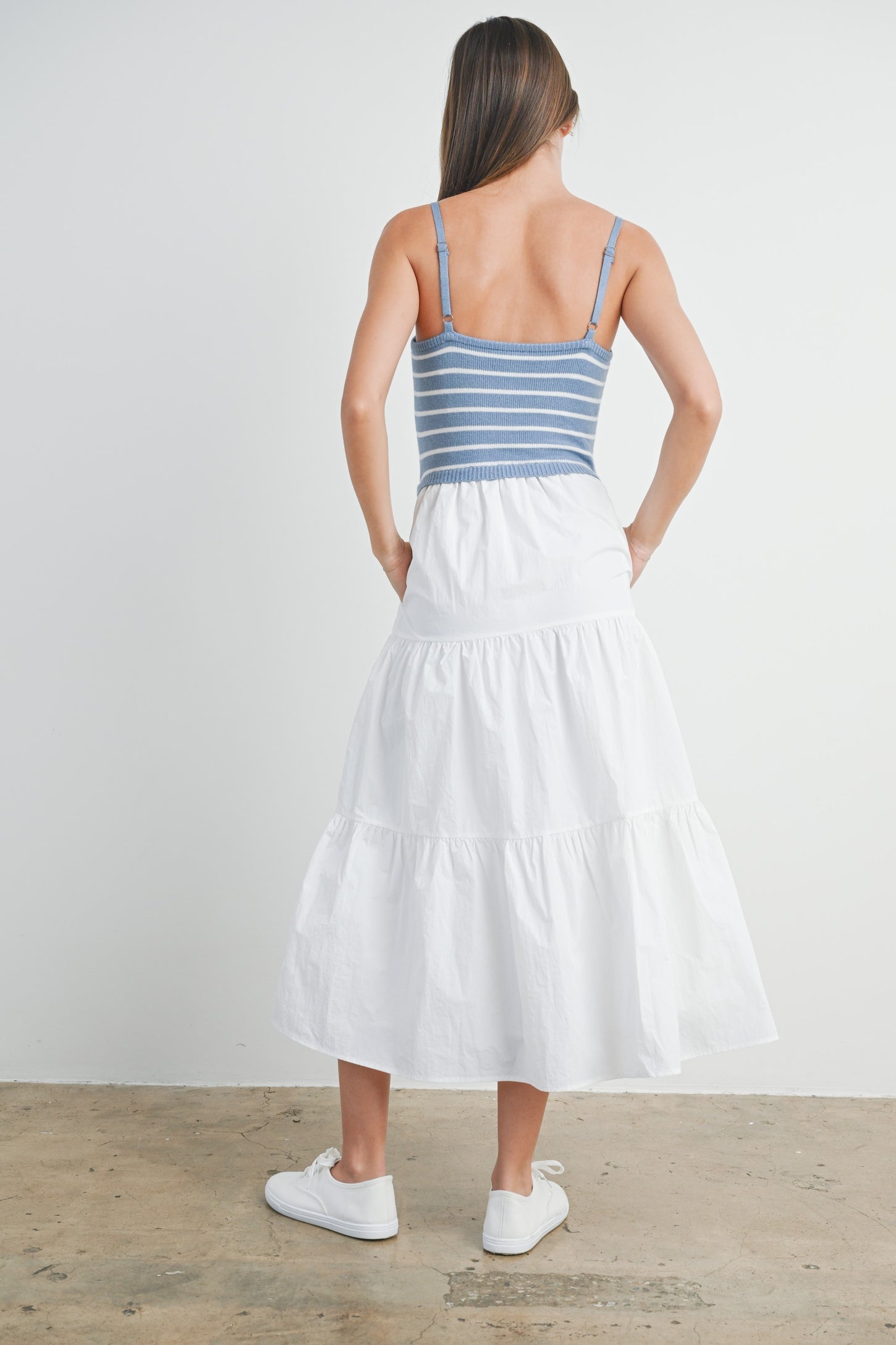 Blue Striped Knit Top Tiered Midi Dress