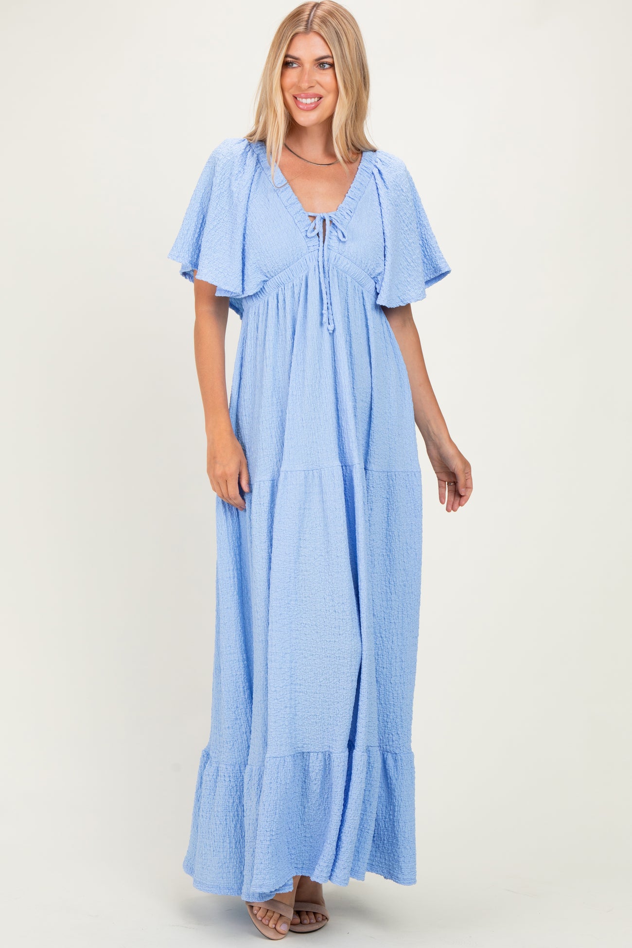 Light Blue Woven Textured Flutter Sleeve V-Neck Tiered Maternity Maxi Dress