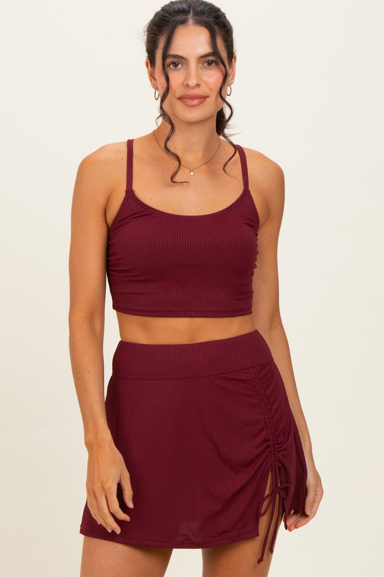 Burgundy Ribbed Crop Tank Swim Skirt Maternity Set