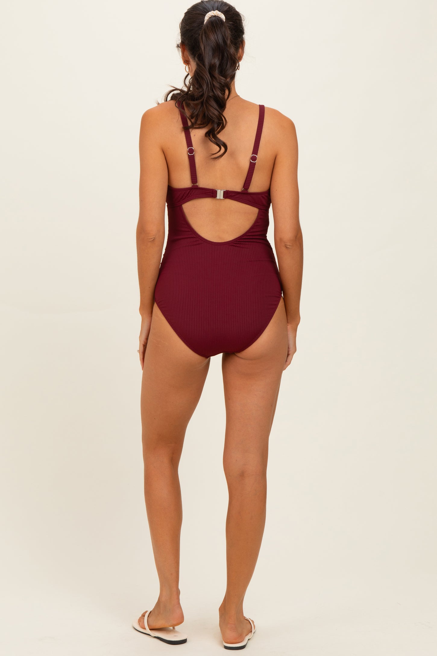 Dark Red Ribbed O-Ring Strap Cutout Back One Piece Swimsuit