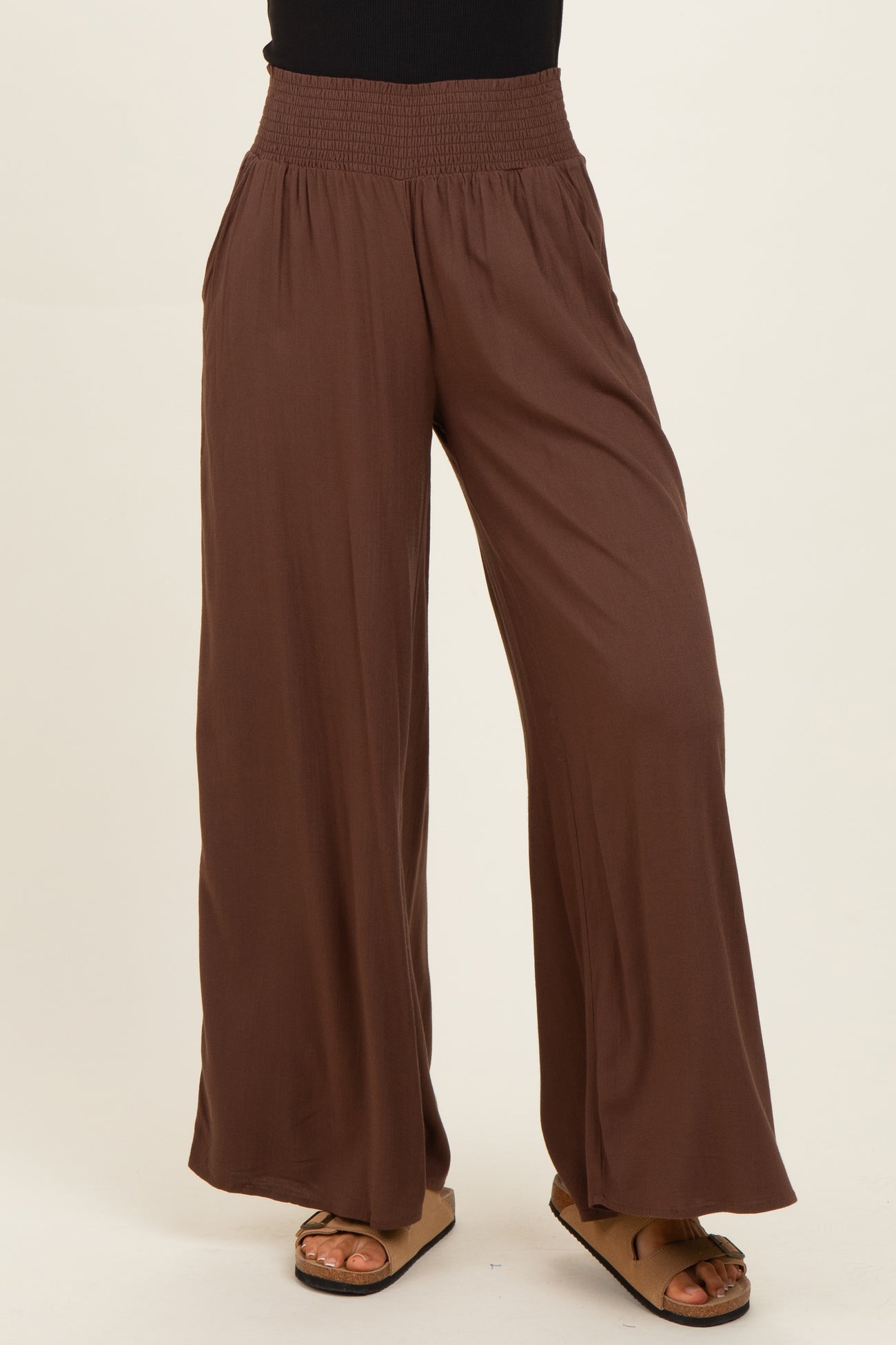 Brown Smocked Waistband Wide Leg Lounge Pants