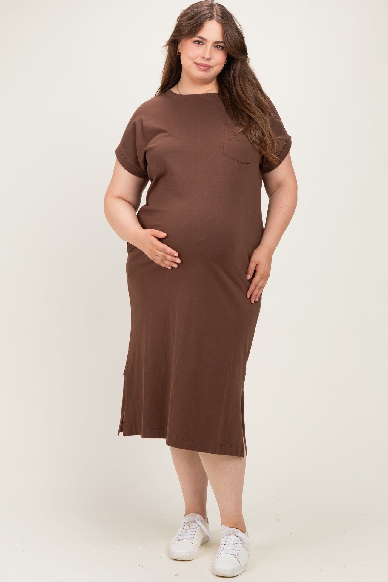 Brown Plus Round Neck Short Sleeve Maternity Midi Dress