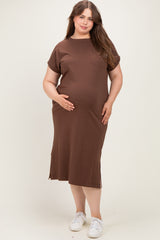 Brown Plus Round Neck Short Sleeve Maternity Midi Dress