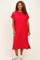woman wearing a red short sleeve plus size dress with a front pocket and side slits