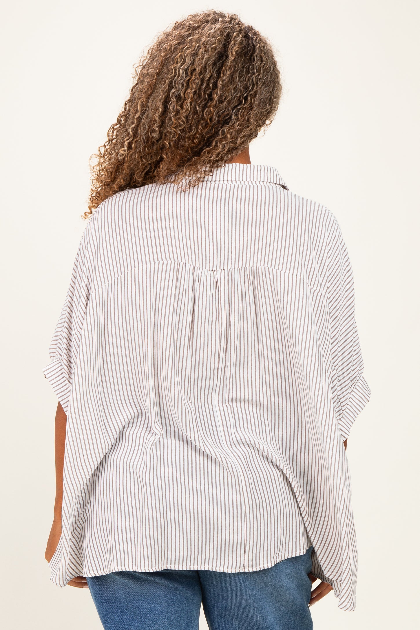 Brown Plus Woven Stripe Button Down Top