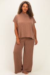 Brown Plus Raised Rib Short Sleeve Maternity Tee & Pants Set