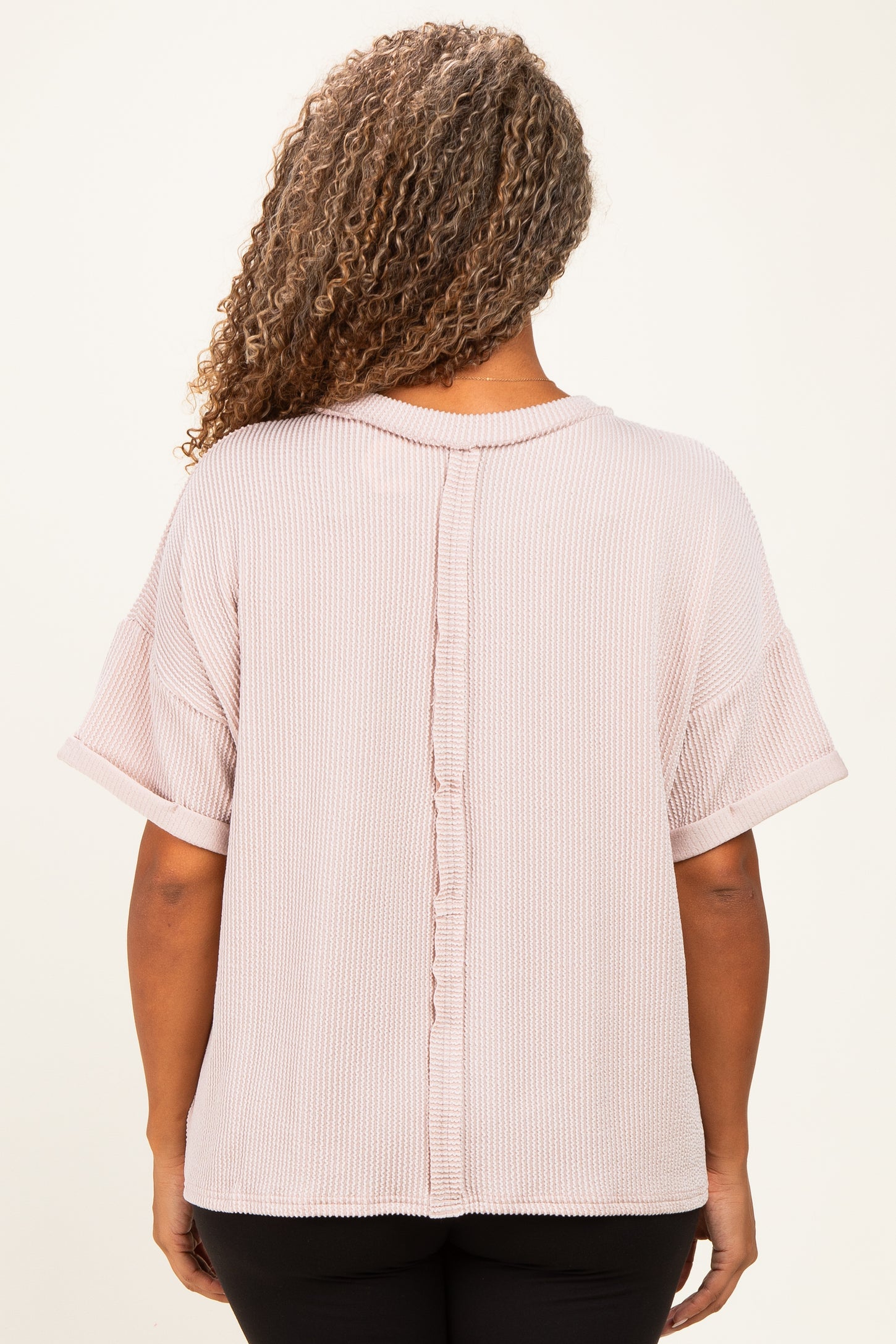 Beige Plus Raised Rib Short Sleeve Front Pocket Top