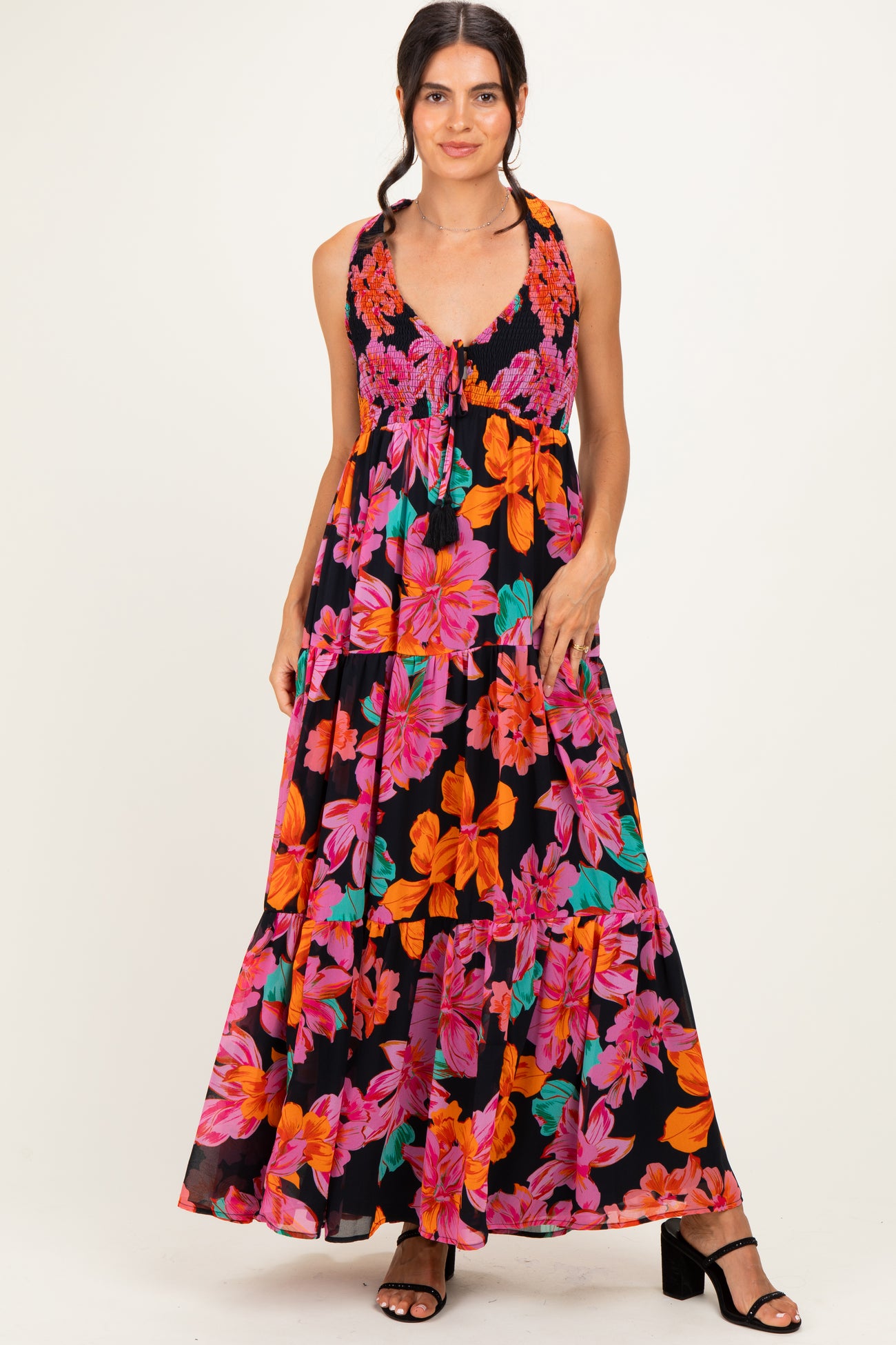 Black Floral Deep V-Neck Smocked Maternity Midi Dress