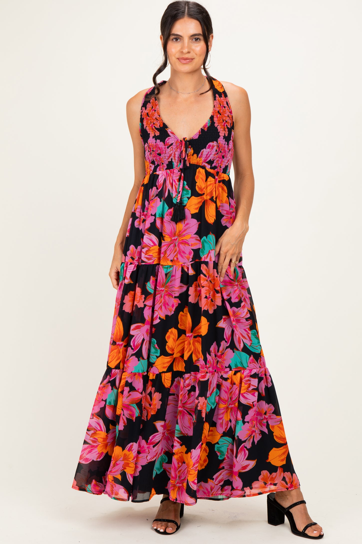 Black Floral Deep V-Neck Smocked Maternity Midi Dress