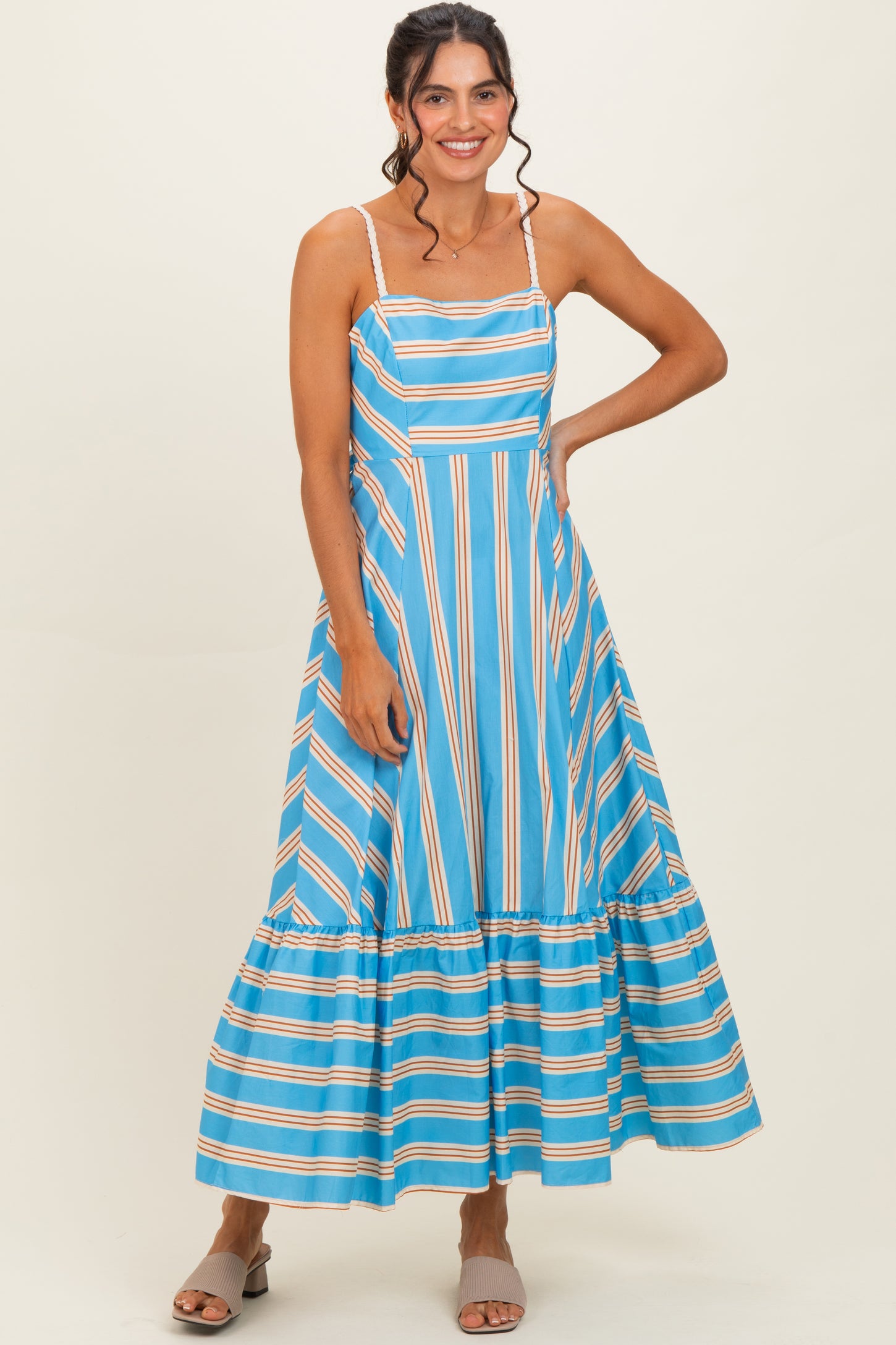 Blue Striped Ruffle Hem Maternity Midi Dress