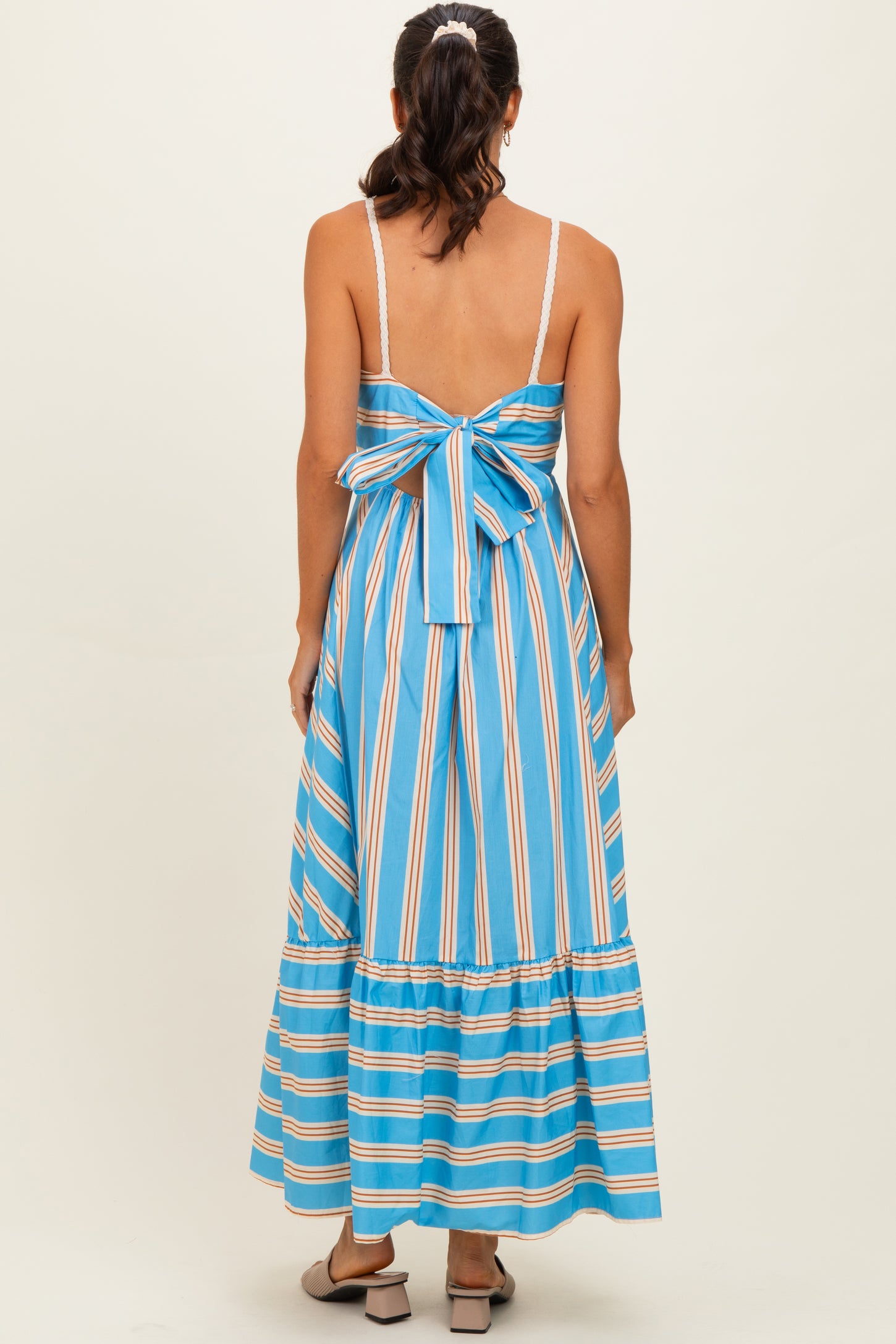 Blue Striped Ruffle Hem Midi Dress