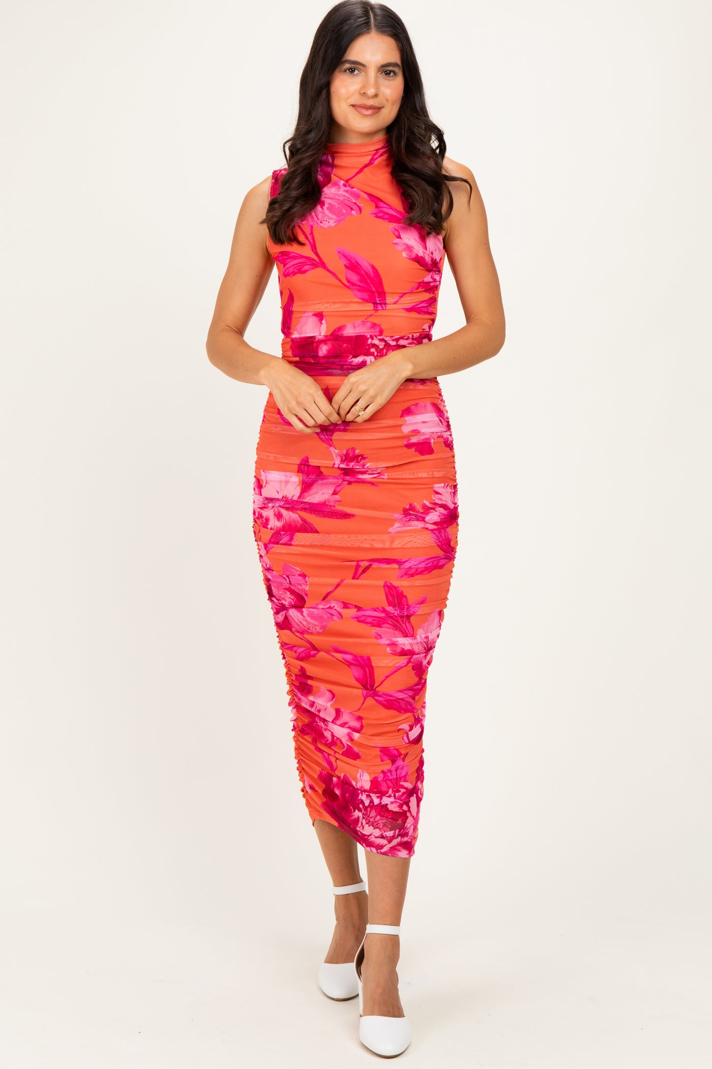 Orange Floral Ruched High Neck Maternity Midi Dress